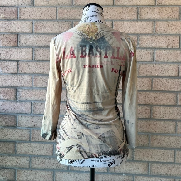 Vintage Art Couture Paris tan and brown long  sleeve top - Picture 2 of 7